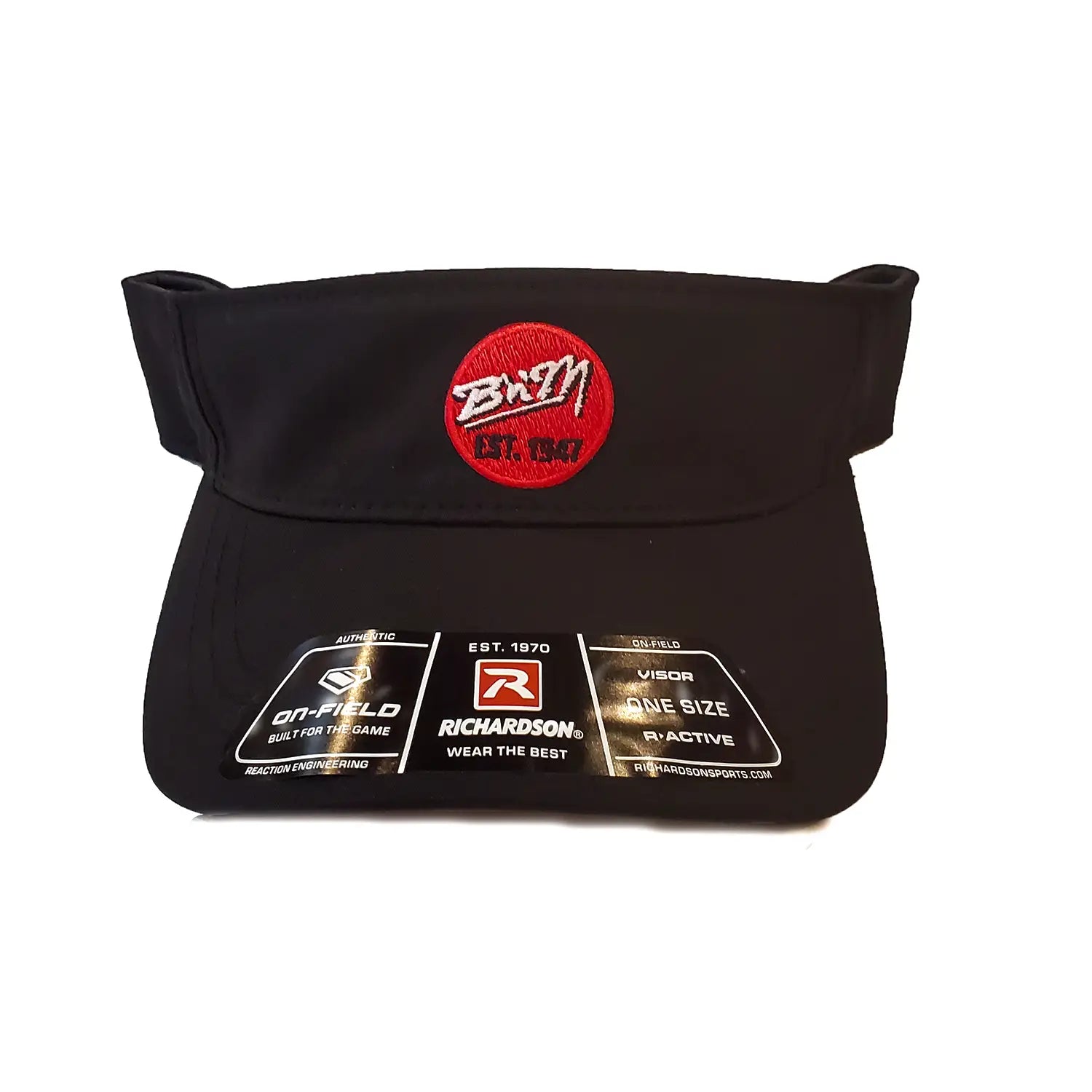 Black visor with red logo and branding on a white background
