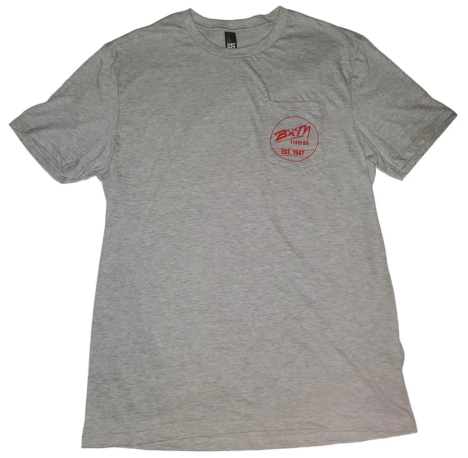 Gray t-shirt with a red logo on a white background