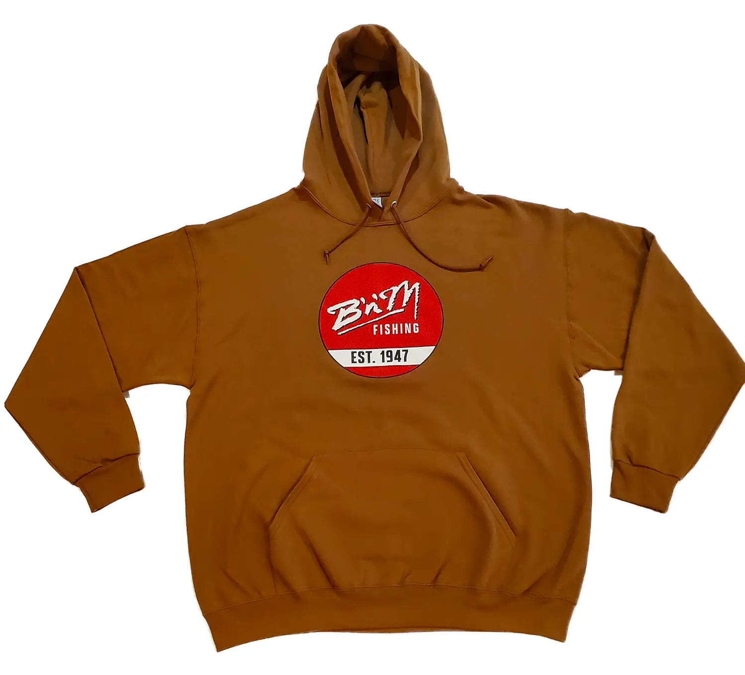 Brown hoodie with a red and white logo