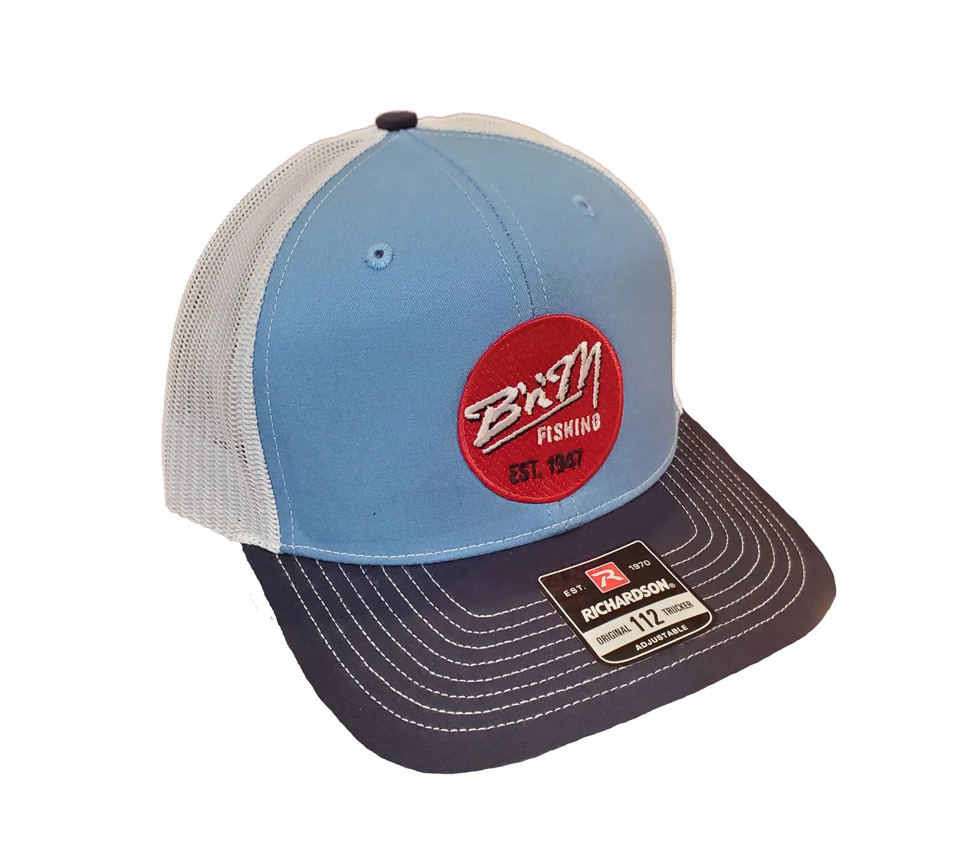 Cobalt blue navy white trucker hat with BnM Logo