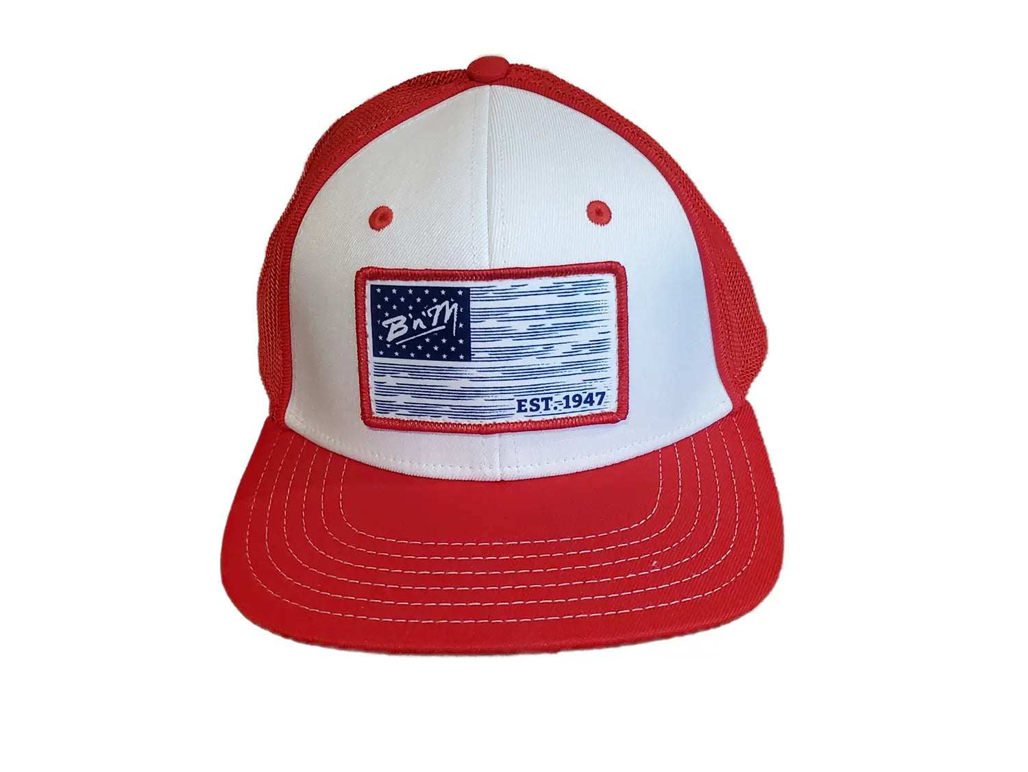 red white and blue american flag fishing hat with bnm logo